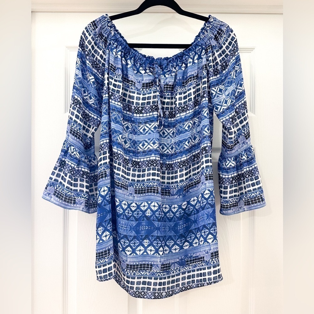 Amanda Uprichard Saratoga Off the Shoulder Mini Dress Tapestry Blue sz small